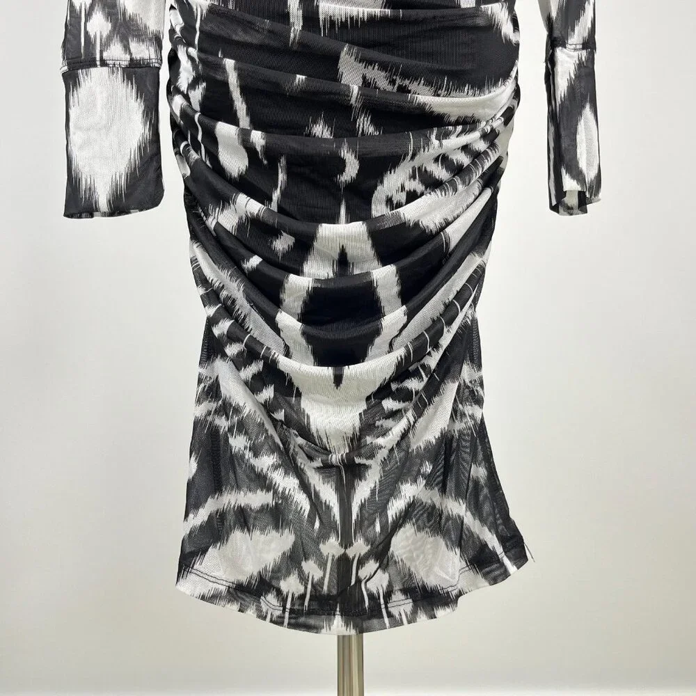 NWOT Farm Rio Pineapple Ikat Tulle Midi Dress Long Sleeves Size XS Black White